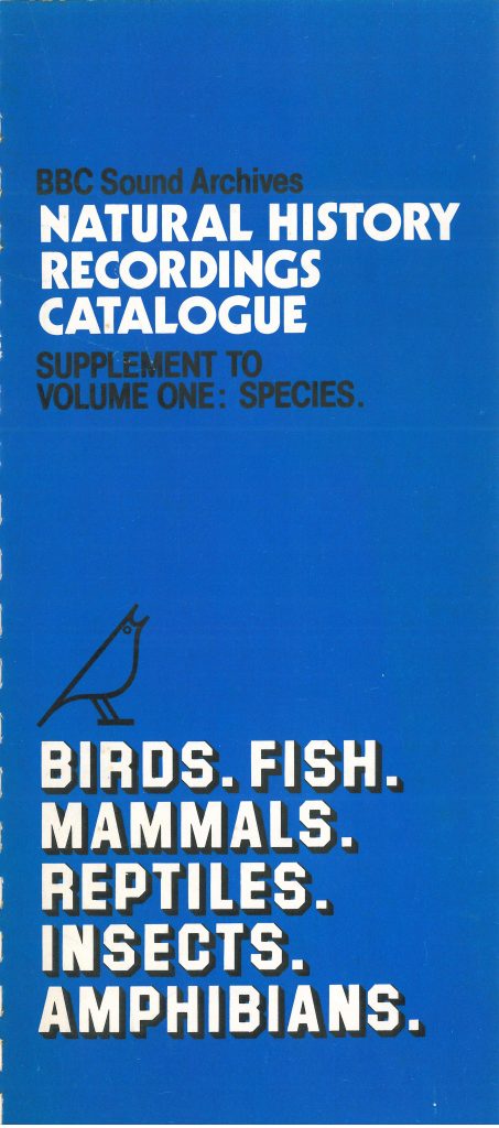 BBC Natural History Unit recording catalogue (1978), courtesy of Jeffery Boswall and the BBC Written Archives Center