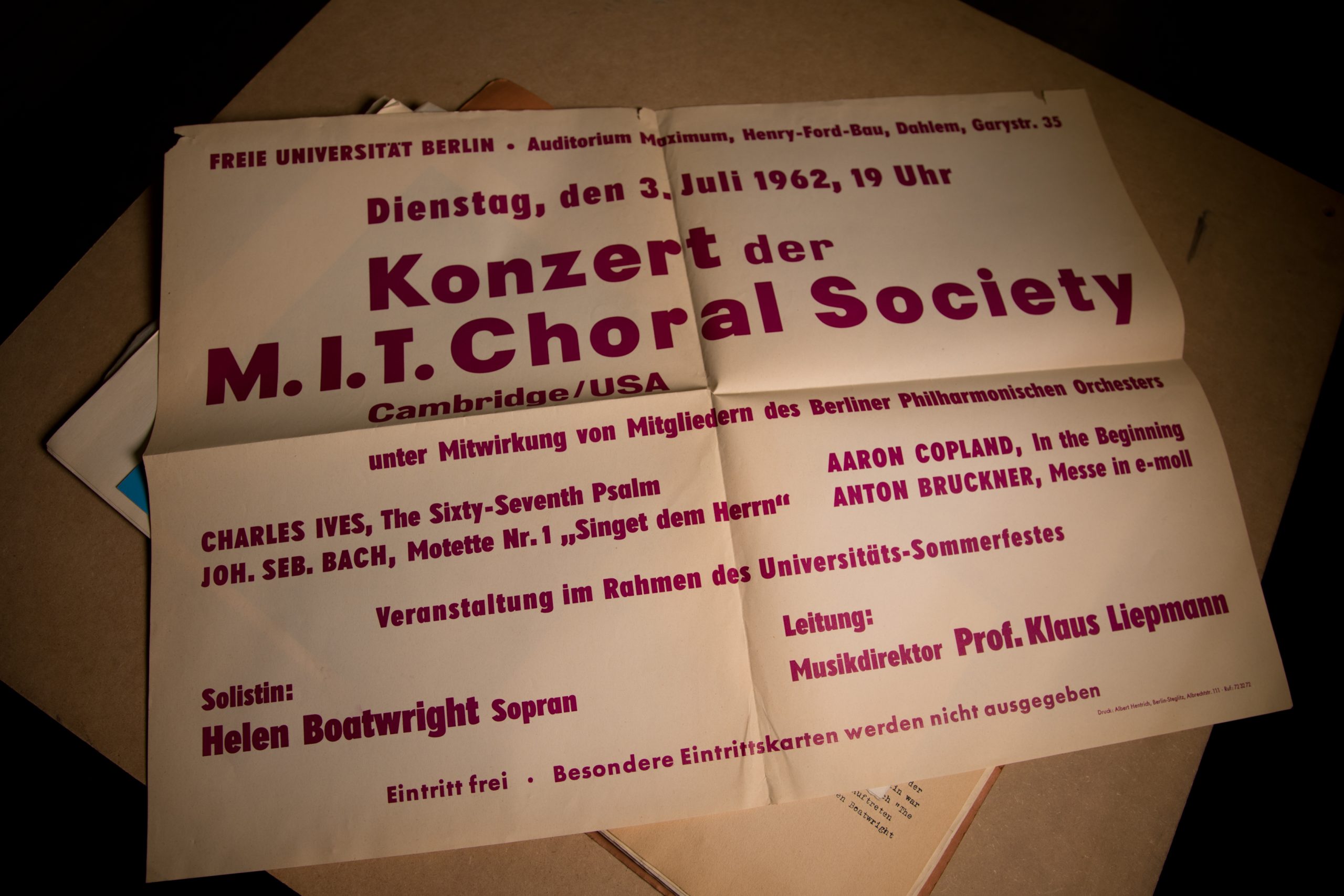 MIT Choral Society concert poster, Freie Universität Berlin, 1962