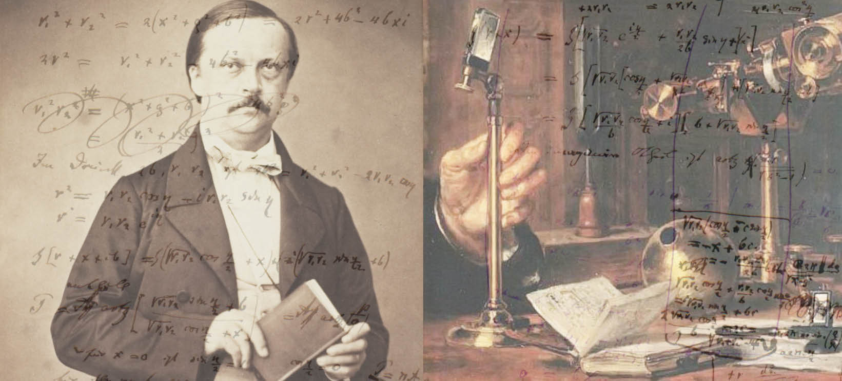 Photograph of Hermann von Helmholtz (Heidelberg, ca. 1858–71, left side) and Detail of a painting by Ludwig Knaus, 1881, showing Helmholtz with acoustical and optical instruments and a notebook (right side) and Background: Pages from Helmholtz's lecture notebook (background)